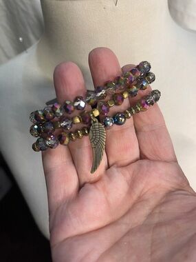 Paparazzi Bead Stretch Set of 3 Bracelets with Angel Wing Charm - Iridescent